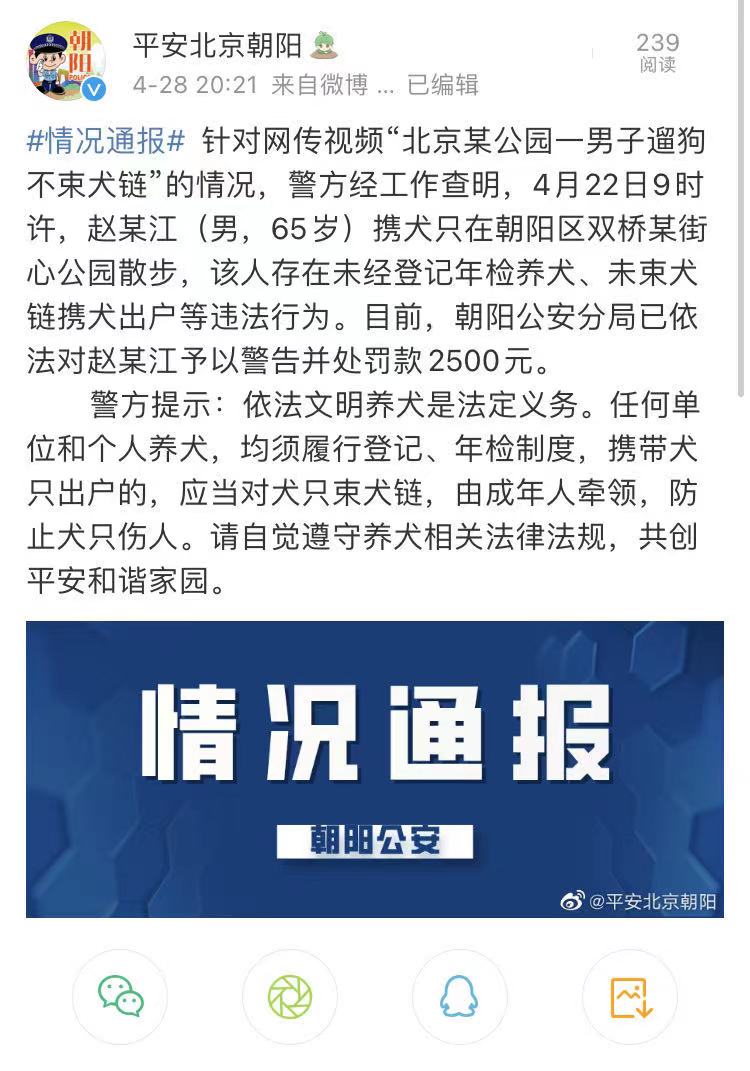 北京一名65岁男子在公园遛狗不捡屎不拴绳 被警告并罚款2500元