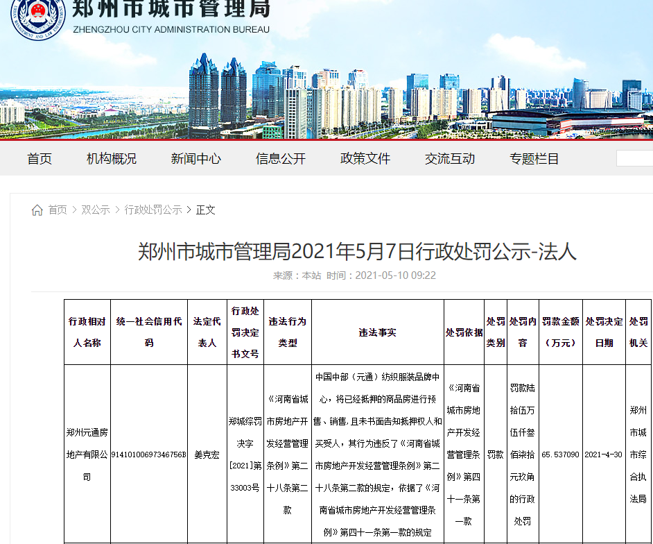 郑州童渊房地产有限公司因出售抵押房屋被罚款 企业“限高”