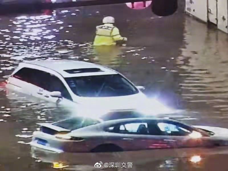 深圳罗湖暴雨高架桥下6台车被淹，深圳交警：积水已退正处理