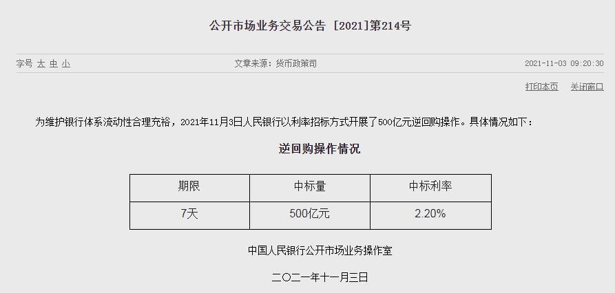 央行推出500亿元7天期逆回购 每日净回笼1500亿元