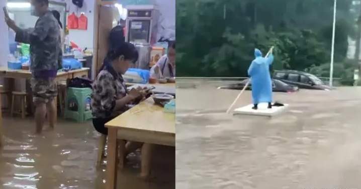 广西钦州暴雨 市民用床垫当船划行