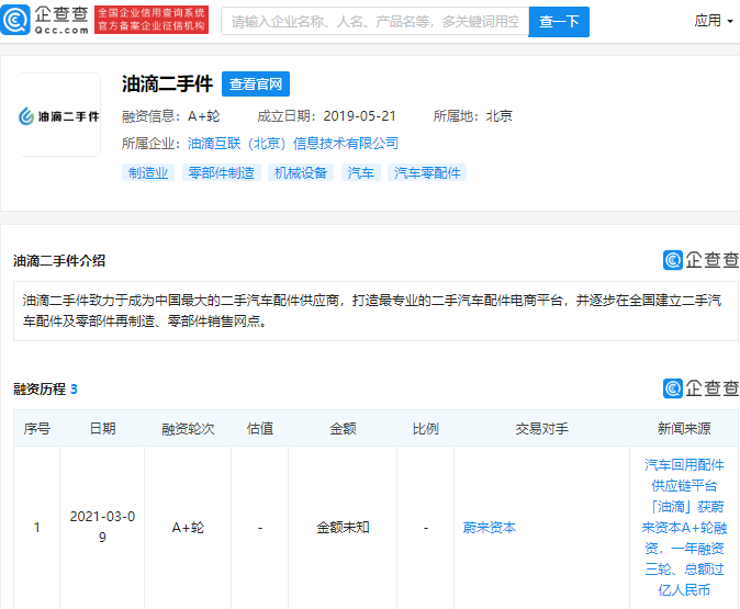 “油滴二手车” 汽车回收零部件供应链平台